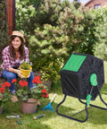 Outdoor Composting Bin 18.5 Gallon Single Chamber Tumbling Composter With Heavy Duty Steel Frame Barrel in a garden setting.