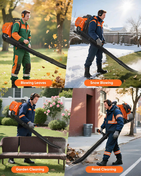 Four uses of Powerful 52cc Gas Backpack Leaf Blower With 564 CFM 216 MPH: blowing leaves, snow, garden, and road cleaning