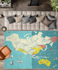 Room view of 5x7 World Map Rug For Living Room And Bedroom With Ocean Sailboat Design, Washable Low Pile Non Slip Carpet