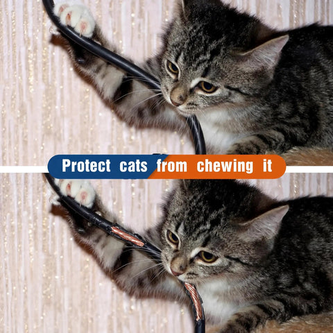 Cat chewing on split wire loom tubing, showcasing black flexible corrugated cable sleeve for automotive and home protection.