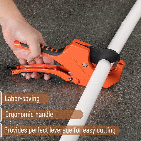 Ratcheting PVC Pipe Cutter For 2-1/2 Inch Tubing cutting a pipe, orange tool, ergonomic handle, rust-resistant, heavy-duty PVC cutter