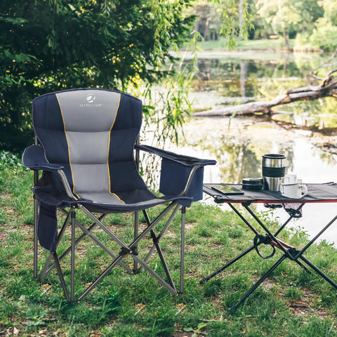 Oversized Heavy Duty Folding Camping Chair Outdoor With Cup Holder Storage And Built In Cooler Thick 600D Oxford Fabric