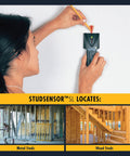 Badass Slick Wood and Metal Stud Finder with Edge Detection Wall Scanner and SpotLite Pointing System for Drywall Search up to Three Quarters Inch Deep Slam Dunk Tool in use on drywall.