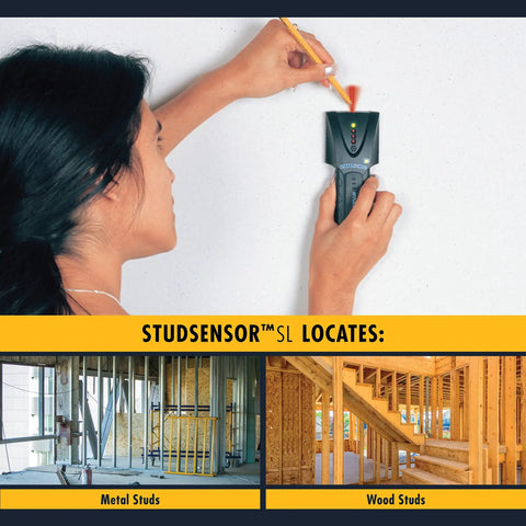 Badass Slick Wood and Metal Stud Finder with Edge Detection Wall Scanner and SpotLite Pointing System for Drywall Search up to Three Quarters Inch Deep Slam Dunk Tool in use on drywall.