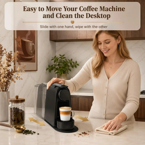 Woman using Smooth Glide Sliding Mat With Anti Slip Base For Nespresso Essenza Mini EN85 in home coffee station