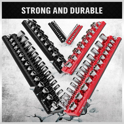 Six Piece Magnetic Socket Organizer Set For Metric And SAE Drives, Holds 143 Sockets In Red And Black Magnetic Trays