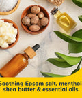 Ingredients for Cozy Self-Heating Tired And Achy Feet Soothing Foot Mask with Epsom salt, menthol, shea butter, and essential oils.