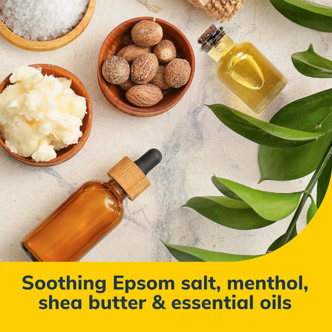 Ingredients for Cozy Self-Heating Tired And Achy Feet Soothing Foot Mask with Epsom salt, menthol, shea butter, and essential oils.