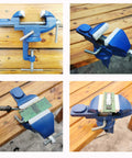 Mini Home Clamp-On Vise With Nylon Jaws, 2-Inch Jaw, 2.2-Inch Opening, Lightweight 1470g, The Go-To Tool For Electronics, Jewelry, Hobby, Model Making And Small Bench Projects holding a circuit board