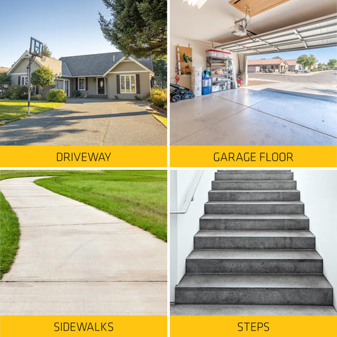 Collage showing driveway, garage floor, sidewalk, and steps for Crack Flex Sealant For Horizontal Cracks Up To One Inch Gray Self Leveling Waterproof Polyurethane Sealant For Driveways Concrete Pavements Walkways Terraces And Decks High Elasticity And Weatherproof Finish 10.1 Fl Oz.