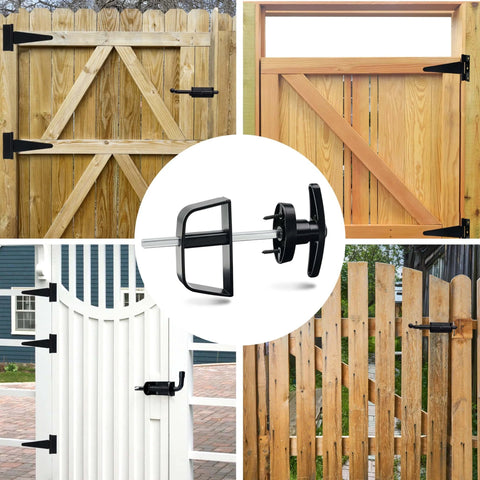Image of Heavy Duty Shed Door Hardware Kit with 5.5 Inch T Handle Lock, including six 6 inch T hinges and two shed door latches on various gates.