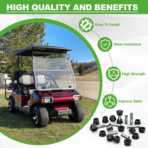 Heavy Duty Golf Cart Front Suspension Kit For Club Car DS 1992 Up 12 Piece Spring Bushing Set With Sleeves Replacing Front Upper Arm And Front Lower Spring Bushings On Gas And Electric Models, black bushings and steel sleeves