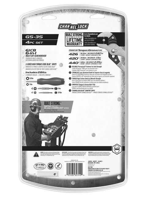 Back of packaging for Three Piece Tongue And Groove Pliers Set With Bonus Code Blue 6 In 1 Screwdriver, product details and warranty info.