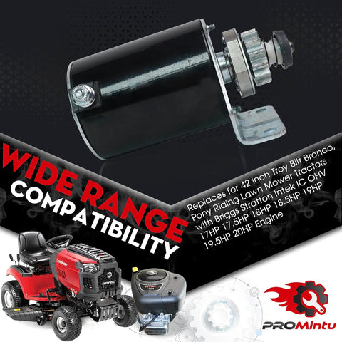 14 Tooth Starter Motor Replacement Fits 42 Inch Riding Lawn Mowers And Tractors With Briggs Stratton Intek IC OHV 17HP To 20HP Engines Replaces Bronco Pony Models Easy Install Durable Start shown with red riding mower and engine parts