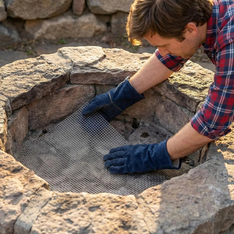 Man installing Heavy Duty Stainless Steel Mesh Screen Roll For Real Ventilation 12 By 60 Inches 5 Mesh in a stone fire pit