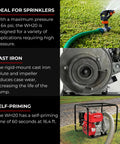 Heavy Duty 2 Inch High Pressure Water Pump For Yard Drainage With Straight Up Badass Performance Built To Crush Flooded Ground And Clean Garden Beds Fast Wh20xtaf Model showing Ideal for Sprinklers with cast iron design.