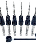 Six Piece 9 64th Inch Wood Countersink Drill Bit Set With Parabolic Flute Tapered Bits Depth Stop Collar And Hex Wrench