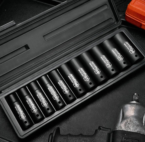 Half Inch Drive Metric Deep Impact Socket Set Workhorse For Tough Jobs CrV 6 Points 11 Socket Kit With Manganese Phosphate Finish