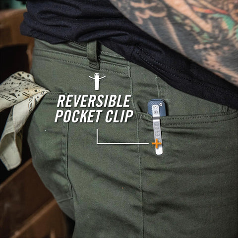 Pledge Pocket Knife With Pocket Clip 3.7 Inch Full Panel Plain Edge Folding Knife in pocket with reversible clip visible.