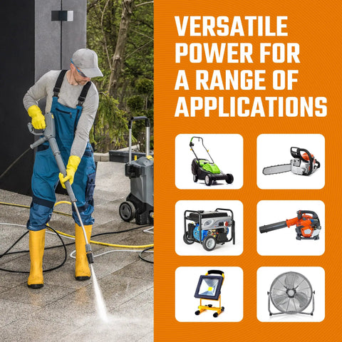 Person using a pressure washer with various power tools and equipment for outdoor use. Text: 'Versatile Power for a Range of Applications'