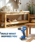Top Shelf 20 Volt Cordless Compact Power Drill With Kicksome Torque And One Half Inch Keyless Chuck For Tough Diy Chores Variable Speed Switch Plus Dual Range Gearbox And Bright LED Work Lamp on a wooden bench with hats and shoes.