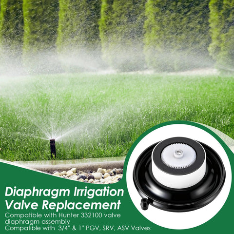 Gulfmew 4-pack 1'' PGV diaphragm irrigation valve replacement; white gear inside black valve shown on green lawn sprinkler
