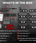 Image showing contents of Five Sided RGB Rock Lights Kit For Trucks Jeep UTV SUV ATV Golf Cart With Music Mode And App Remote Control Waterproof Exterior Underglow 360 Degree Coverage Three Times Brighter LEDs For Off Road Night Driving Lit, including rock light pods, mounting screws, and remote controls.