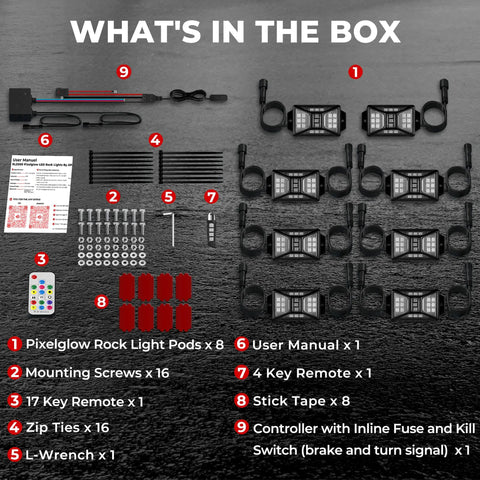 Image showing contents of Five Sided RGB Rock Lights Kit For Trucks Jeep UTV SUV ATV Golf Cart With Music Mode And App Remote Control Waterproof Exterior Underglow 360 Degree Coverage Three Times Brighter LEDs For Off Road Night Driving Lit, including rock light pods, mounting screws, and remote controls.