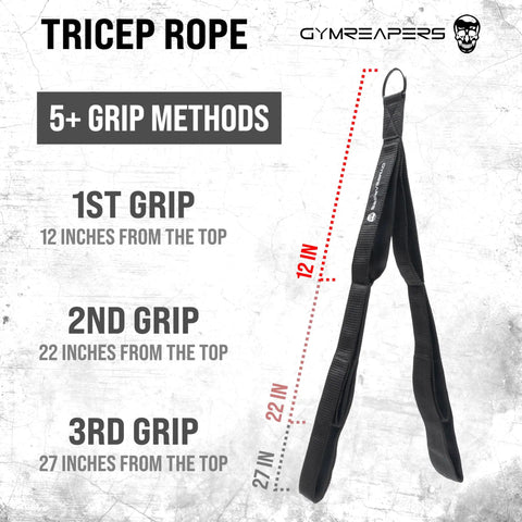 Ultimate Tricep Rope Attachment With Built In Three Lengths showing multiple grip positions on a gray background.
