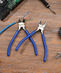 Two Pack 6 Inch Precision Flush Cutters With Spring Loaded Diagonal Side Cutting Pliers for crafts on wooden table