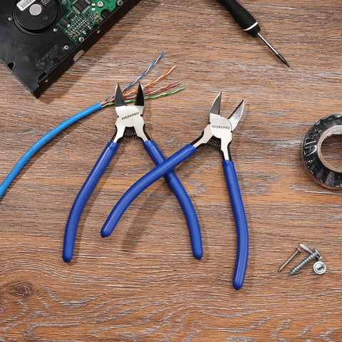 Two Pack 6 Inch Precision Flush Cutters With Spring Loaded Diagonal Side Cutting Pliers for crafts on wooden table