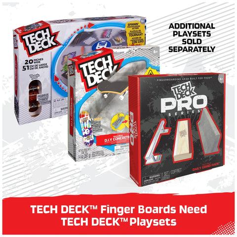 Tech Deck fingerboard sets and playsets displayed in packaging, additional playsets sold separately