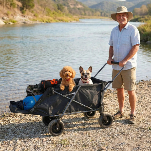 Man with dogs using Beefy Heavy Duty Folding Dog Wagon Cart With Extendable Rear by river, 220L capacity black cart with gear