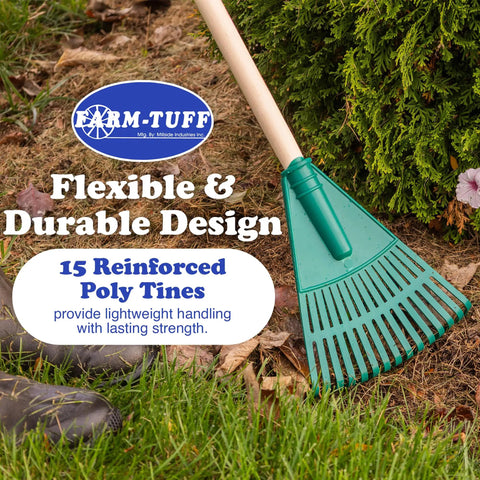 Heavy Duty 8 Inch Garden Rake With A 48 Inch Hardwood Handle For Shrubs And Flower Beds Compact rake on grass by bushes