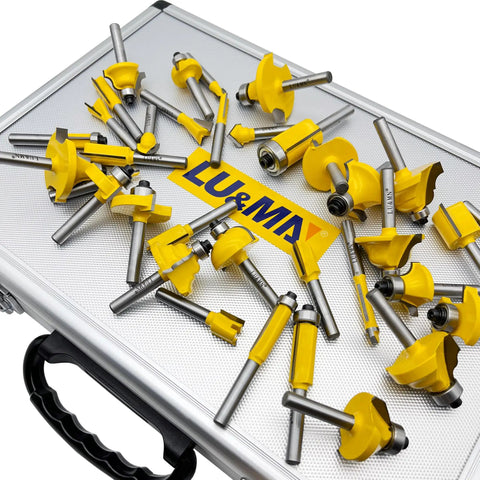 Carbide Tipped Router Bit Set 35 Piece Kit With One Quarter Inch Shank For Woodworking Mastery displayed on aluminum case