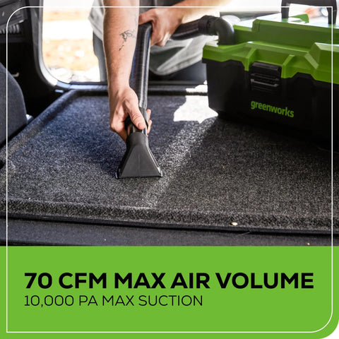 Cleaning car trunk with Cordless 40V 3 Gallon Wet Dry Shop Vacuum With Extras, 450W Suck Power, 67 CFM Air Flow, shown in use.