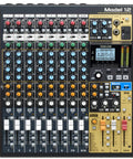 Top view of All In One 12-Track Digital Multitrack Studio Mixer With USB Audio Interface And DAW Control, wood side panels visible.