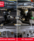 Comparison of an engine bay with and without Engine Bay Dressing Detailing Spray That Revives Factory Look applied, 12.5 oz.