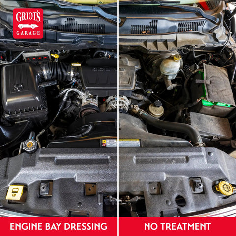 Comparison of an engine bay with and without Engine Bay Dressing Detailing Spray That Revives Factory Look applied, 12.5 oz.