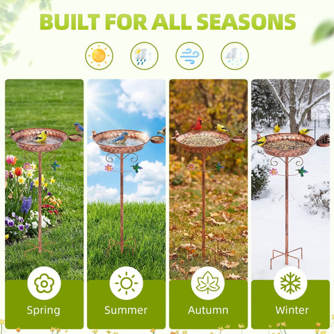 Outdoor Metal Bird Bath With Detachable Feeder 40 Inch Tall Standing Copper Bird Bath in four seasons - spring, summer, autumn, winter