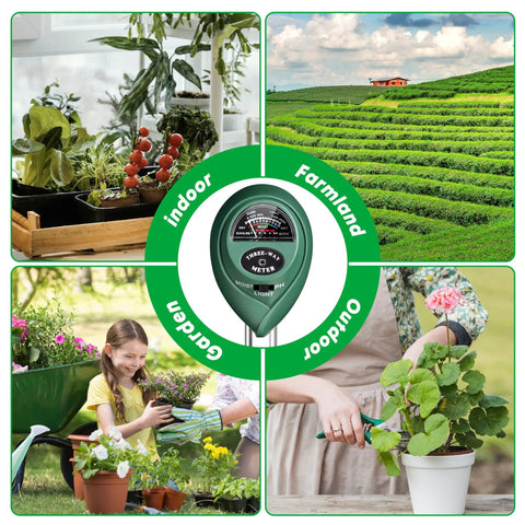 3-In-1 Soil Moisture, PH, And Sunlight Tester For Indoor Outdoor Gardening, Battery Free, shown in garden and farmland settings
