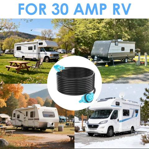 30 Amp RV Power Cord 50 Feet 125 Volt TT 30P Male To L5 30R Twist Lock Right Angle Cable ETL Listed Pure Copper Heavy Duty For Campers And Trailers coiled with RV scenes