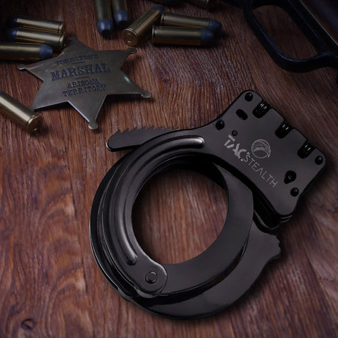 Heavy Duty Double Lock Hinged Handcuffs With Two Keys And Case Real Steel Pro Grade Security Cuffs In Black on wooden surface