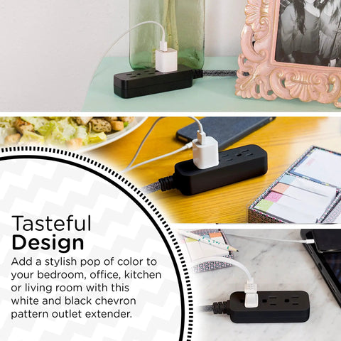 Three Outlet Power Strip With Eighteen Inch Braided Extension Cord Grounded Three Prong Adapter And Low Profile Flat Plug ETL Listed Black Dark Heather Finish For A Clean No Fuss Close To Wall Setup in home setting