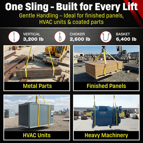 Heavy Duty Rock Solid 1 Inch By 16 Foot Nylon Lifting Sling Built Different For Industrial Rigging lifting metal parts, rated at 3200 lb.
