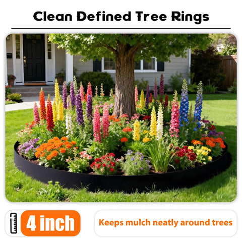 Tree surrounded by Super Handy 4 Inch Tall Landscape Edging Kit With 120 Feet Of Flexible Garden Border And 210 Spikes in yard
