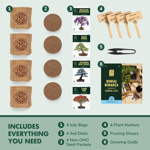 Bonsai Tree Kit For Beginners Grow Your Own Mini Bonsai With Four Varieties Seed Starter Kit Includes Potting Soil Jute Bags Pruning Shears Plant Markers And Easy Step By Step Guides