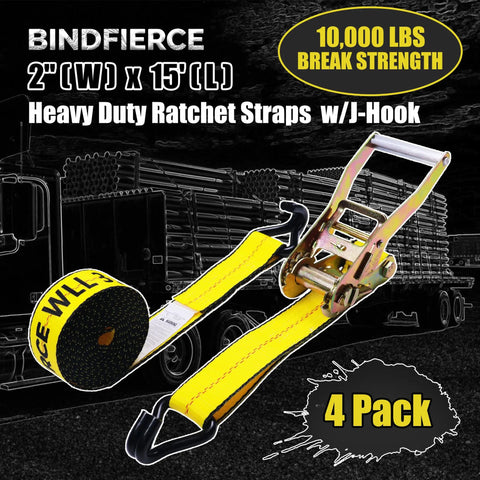 Heavy Duty Ratchet Straps 4 Pack 2 Inches By 15 Feet With J Hook Solid As A Rock For Secure Freight Hauling 10000 Lbs Break Strength detailed view with yellow strap.