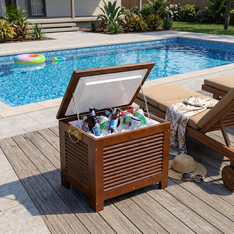 Wooden Patio Cooler With Eucalyptus Exterior And Double Wall Insulation Fully Assembled Ready For Backyard BBQ Sessions Side Carry Handles Durable Outdoor Party Cooler next to pool with drinks