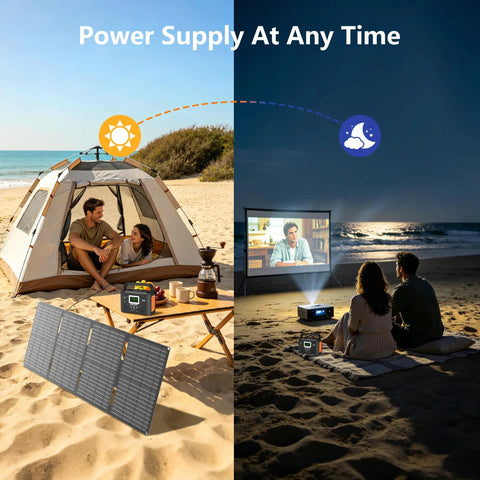 Hella Durable 300W Portable Power Station With 222Wh Battery Capacity No Sweat Solar Generator for camping and outdoor movie nights.